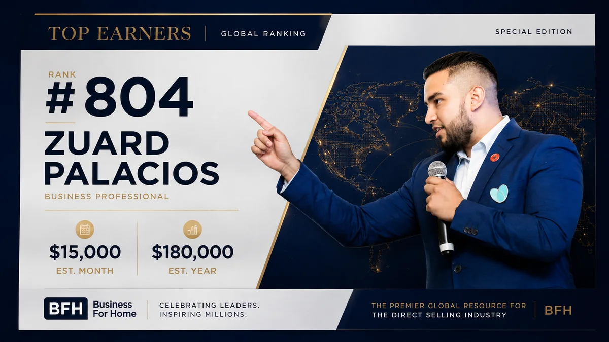 Tarjeta de Business For Home mostrando a Zuard Palacios en la posición #804 del ranking global, con ingresos estimados de USD $15,000 mensuales / USD $180,000 anuales